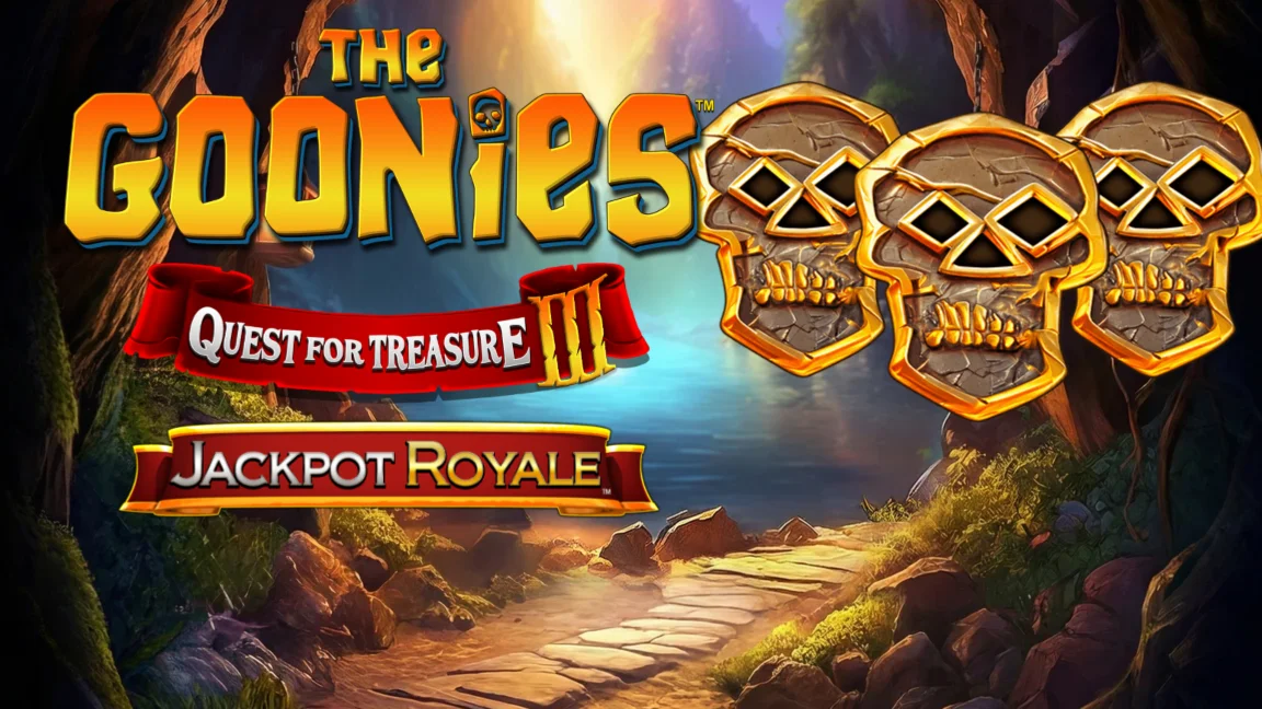 The promotional header for The Goonies Quest For Treasure 3 Jackpot Royale, an online slot game on Betty.ca.