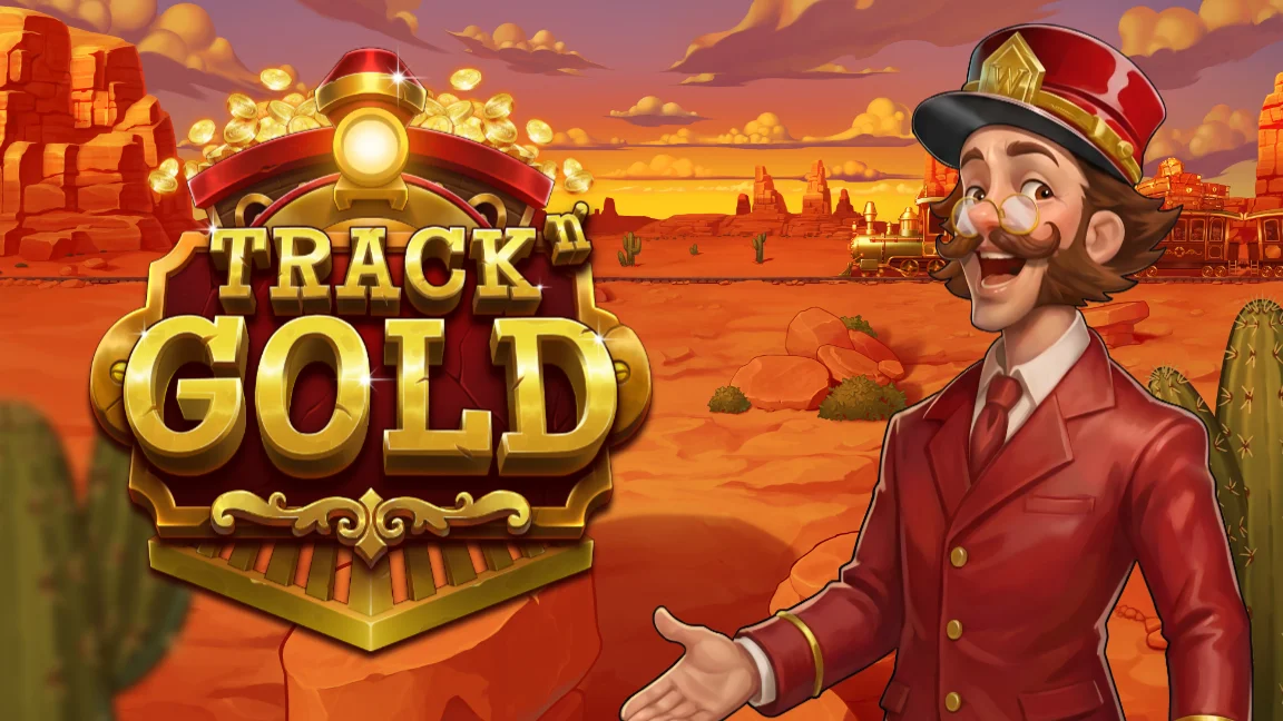 The promotional header for Track n’ Gold, an online slot game on Betty.ca.
