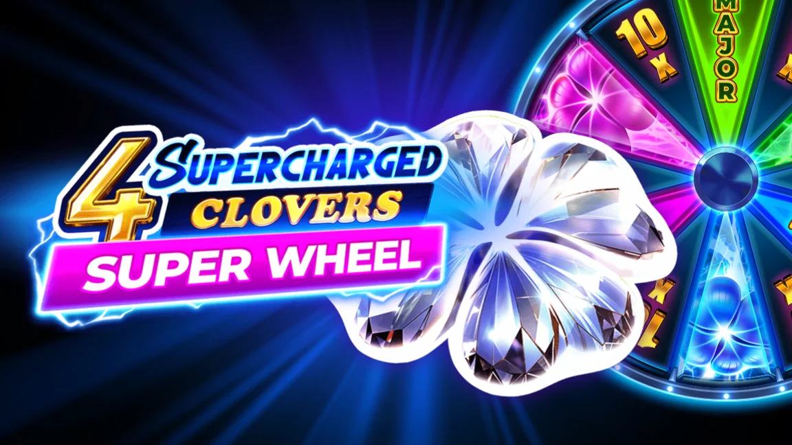 The promotional header for 4 Supercharged Clovers: Super Wheel, an online slot game on Betty.ca.