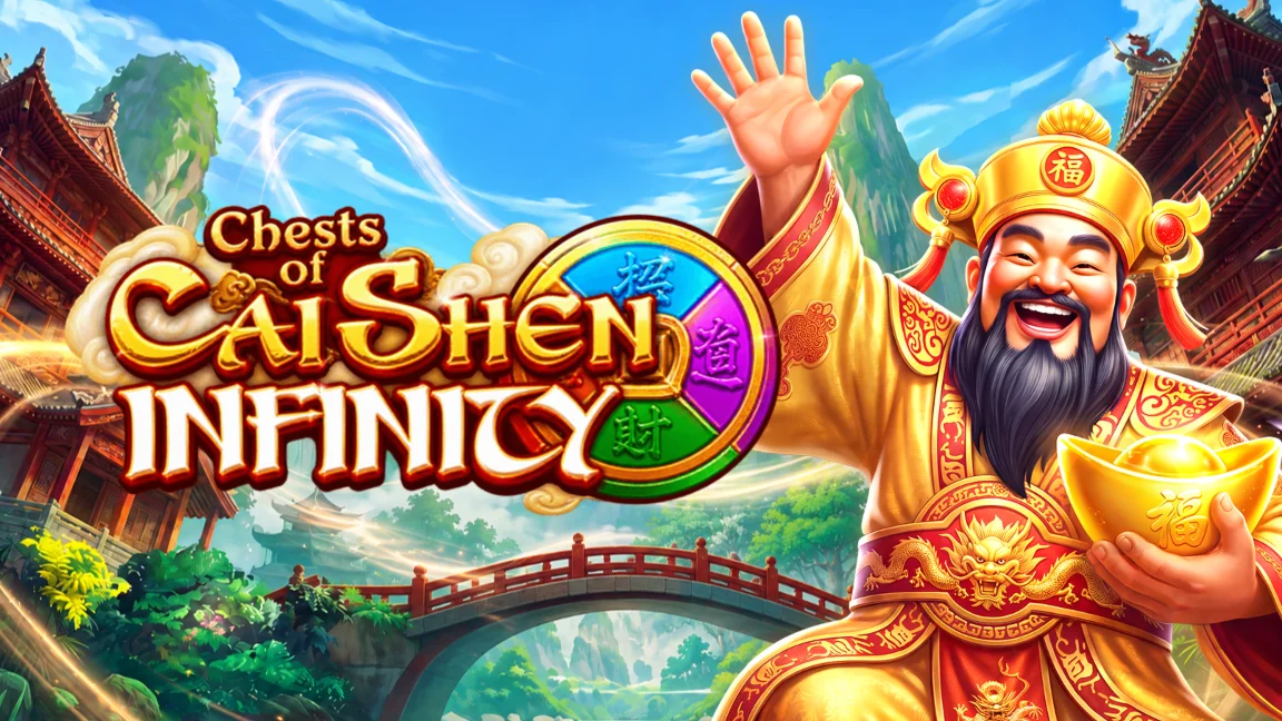 The promotional header for Chests Of Cai Shen - Infinity, an online slot game on Betty.ca.
