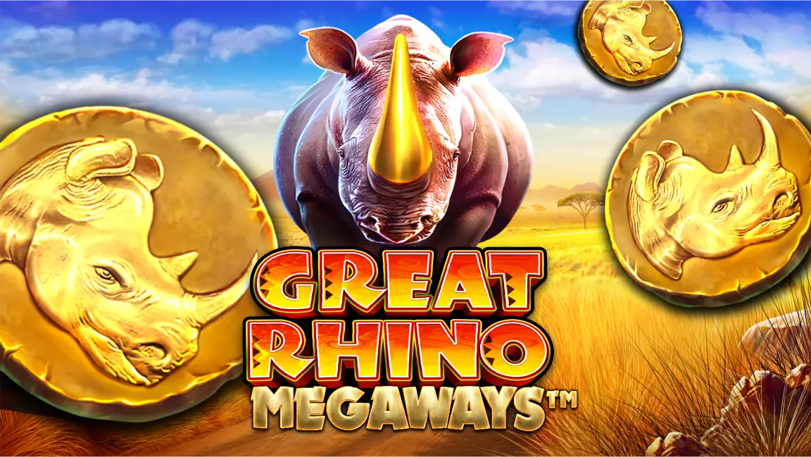 The promotional header for Great Rhino Megaways, an online slot game on Betty.ca.
