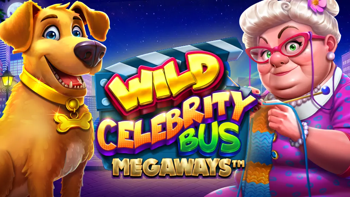 The promotional header for Wild Celebrity Bus Megaways, an online slot game on Betty.ca.