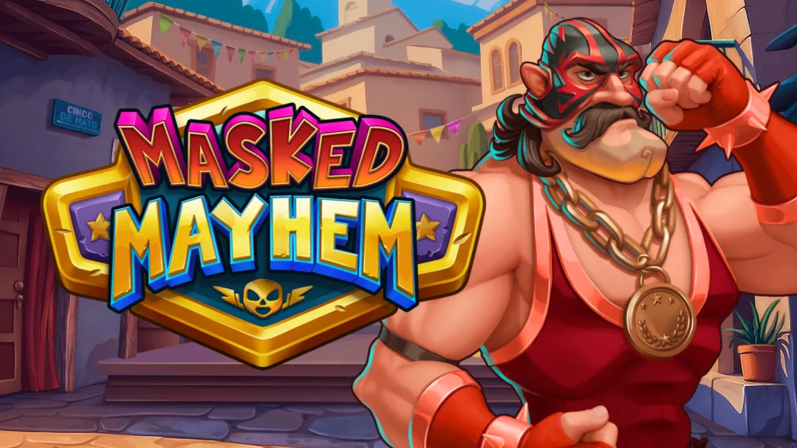 The promotional header for Masked Mayhem, an online slot game on Betty.ca.