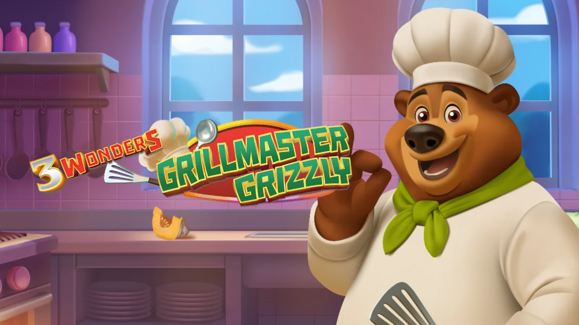 The promotional header for 3 Wonders Grillmaster Grizzly, an online slot game on Betty.ca.